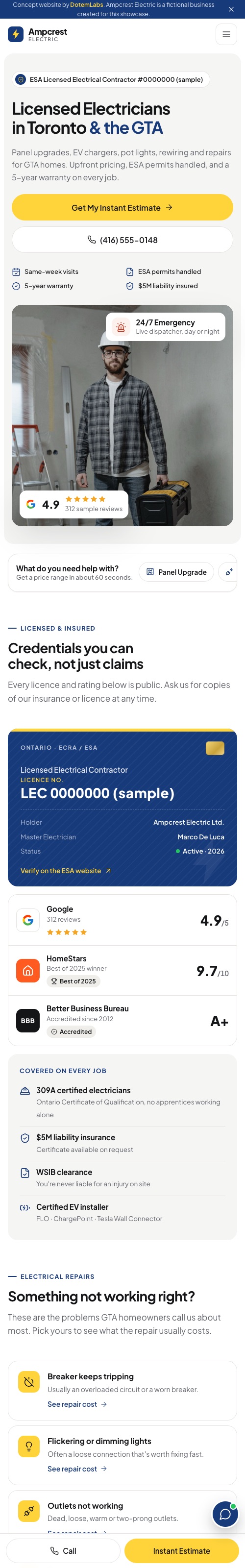 Ampcrest Electric concept website on mobile